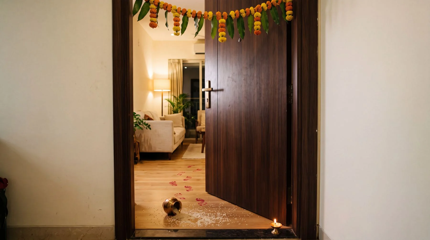 A new home welcomes the bride during traditional Griha Pravesh